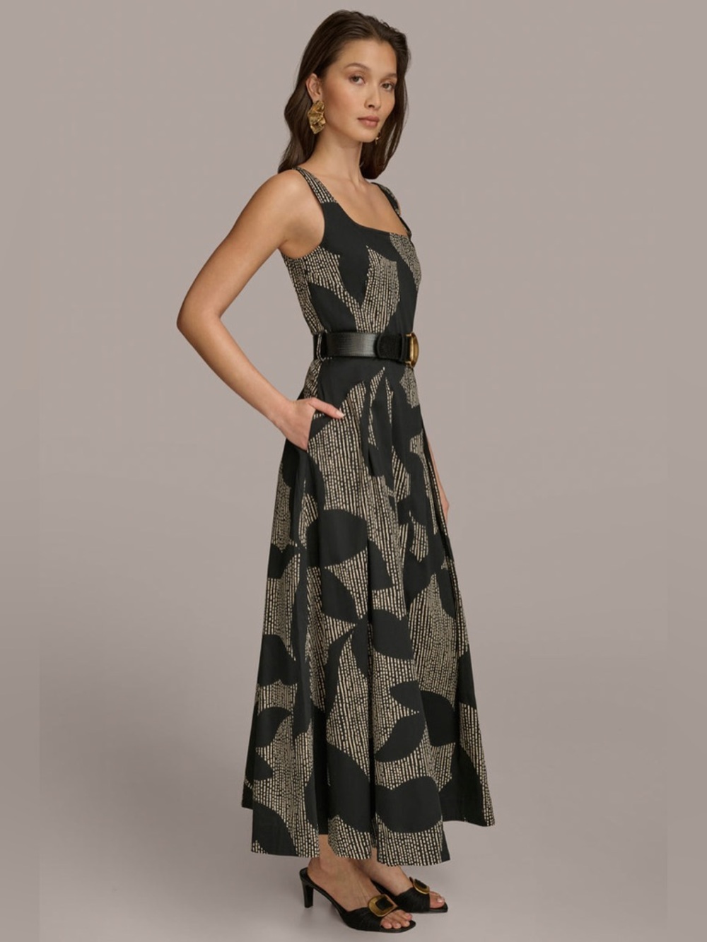 Donna Karan New York Cotton Sleeveless Belted Midi Dress Size 8 Black Tan - Picture 3 of 16